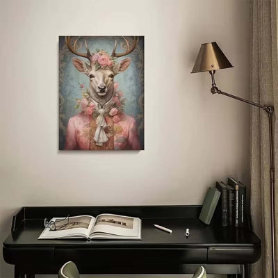 36*24，1pc Victorian Elegant Regal Deer Portrait with Floral Crown - Stag Deer Wall Art Suitable for Modern, Traditional & Preppy Decor.