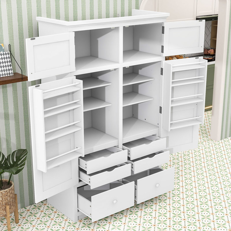 Grand garde-manger avec tablettes réglables, 6 tiroirs, 4 plateaux coulissants et 8 supports de porte, White