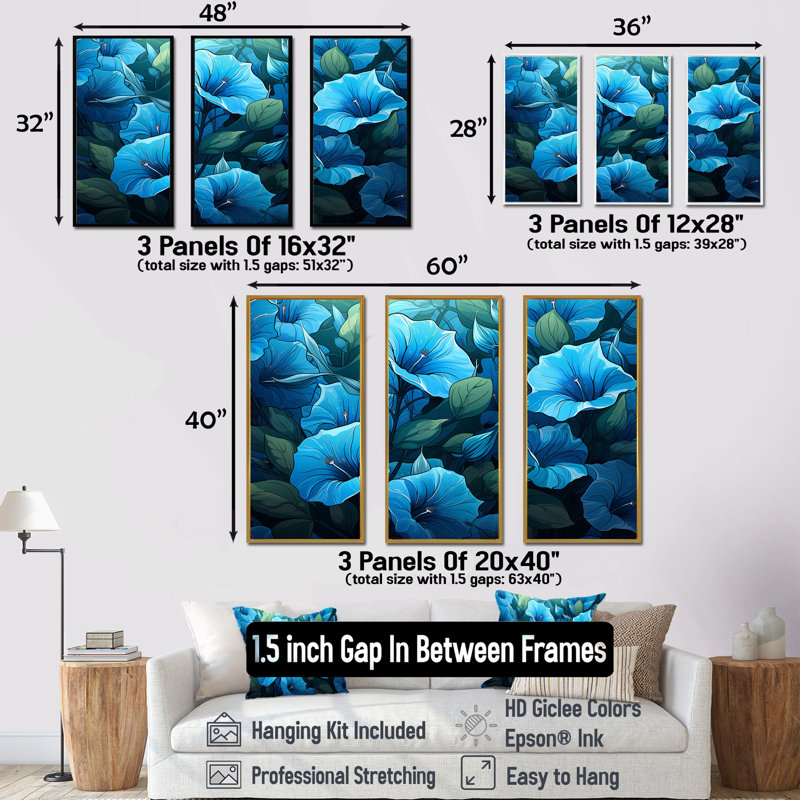 «Blue Morning Glory Blossom Burst - Morning Glory», art mural, H 28 po x l 36 po x P 1 po, Cadre flottant noir