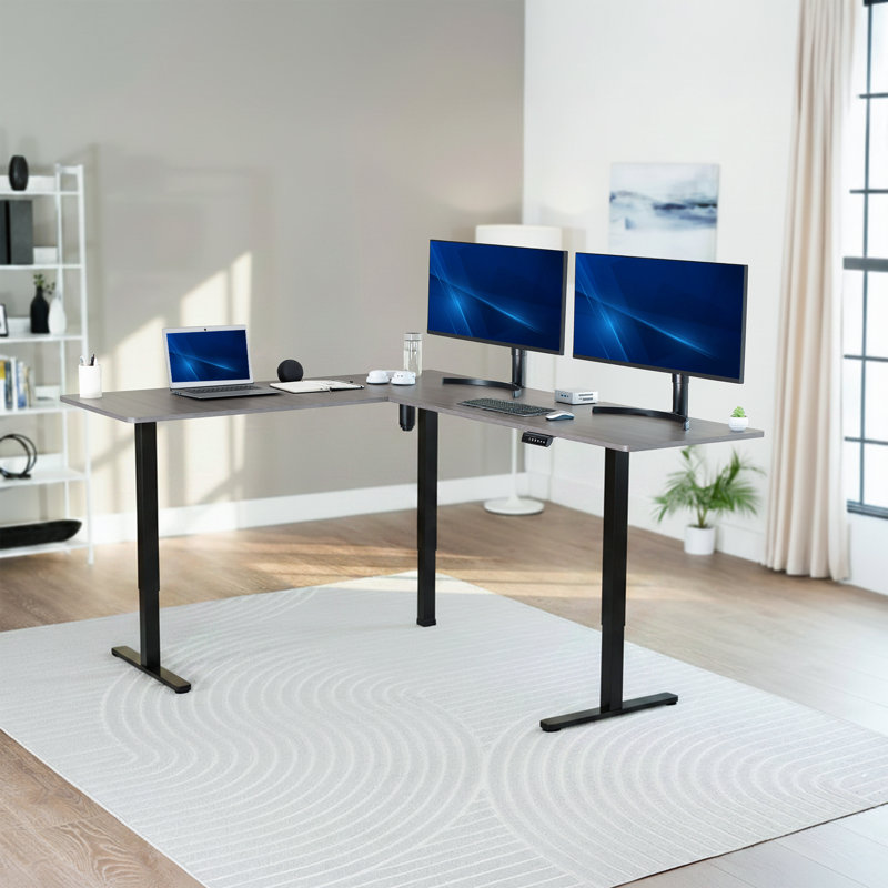 Bureau de coin électrique debout VIVO, poste de travail en L, Gris / noir, L 74,8 po x P 23,6 po