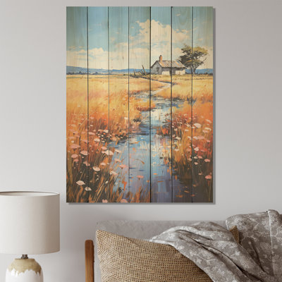 Meadow Cottage At The Pond II - Landscape On Wood Print