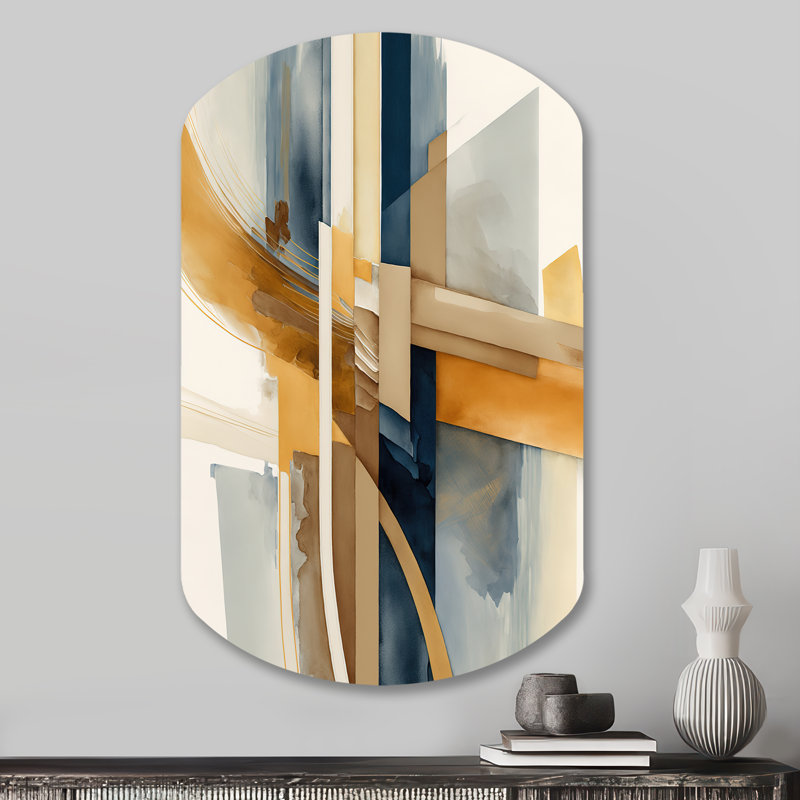 Moderne bleu et or abstrait I - décoration murale asymétrique transitionnelle en métal, impression d'art moderne cylindrique en métal