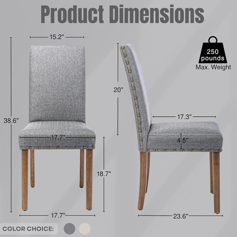 Rucha Linen Elegant Upholstered Kitchen Chairs with Sturdy Rubberwood Legs and Nailhead Trim, Gray