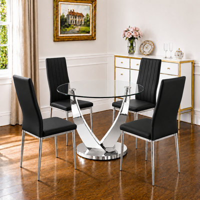 Ensemble de table de salle à manger 38,9 po pour 4 personnes, ensemble de salle à manger moderne avec plateau en verre trempé et 4 chaises en cuir de polyuréthane, ensemble de cuisine peu encombrant pour la salle à manger, appartement