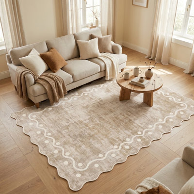 5x7 Vintage Area Rug with Scalloped Edge, Soft Non-Slip Machine Washable Carpet, Floor Rug with Dotted Border for Living Room Bedroom Dining Room Home Decor