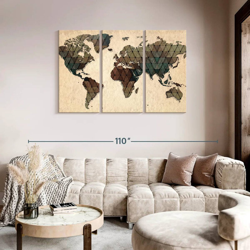 " Unique World Map " 3 Piece Art Set, 48" H x 74" W x 1.25" D