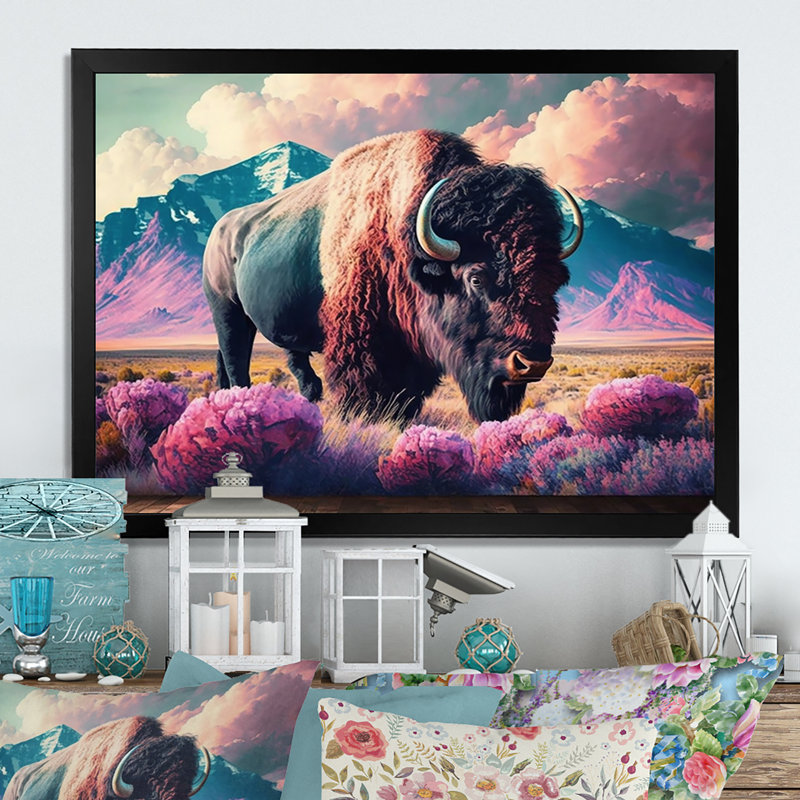Buffalo avec paysage - impressions sur toile Buffalo / Bison, H 16 po x l 32 po x P 1 po, Cadre simple noir