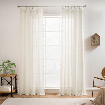 Rideaux semi-transparents en lin à bordure festonnée pour fenêtre de chambre à coucher avec passe-tringle
