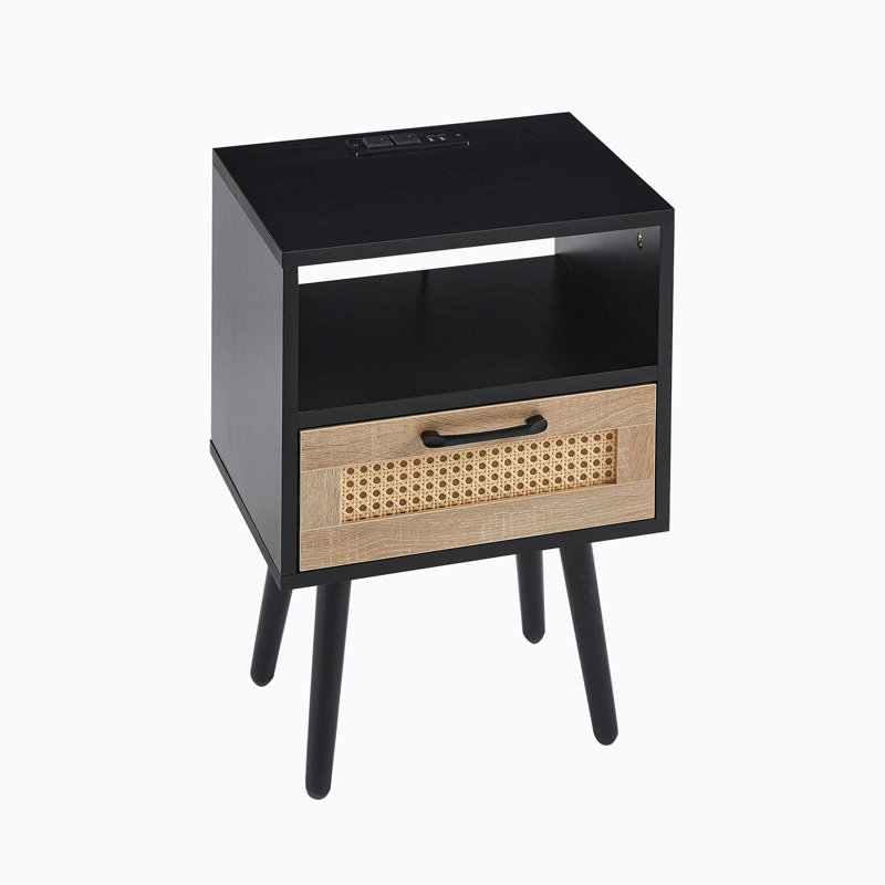 Racie Side Table With Drawer , Modern Nightstand and Solid Wood Legs, Black/Oak