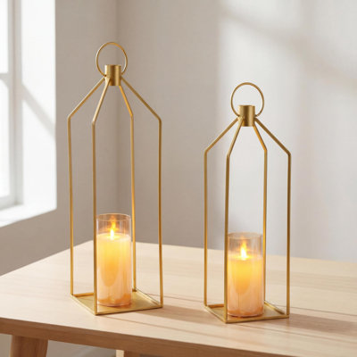 Set of 2 LED Lanterns – Metal Flameless with Remote & Timer, Battery Operated Table Centerpieces for Indoor/Outdoor Farmhouse, Wedding, Patio, Home Decor