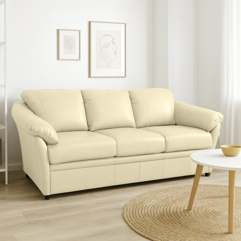Ensemble de canapés en cuir Ramdev, Cuir véritable gris clair, Canapé, causeuse, fauteuil