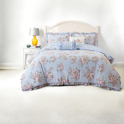 Ensembles de literie pour très grand lit à motif floral bleu, édredon en microfibre douce avec bordure à volants