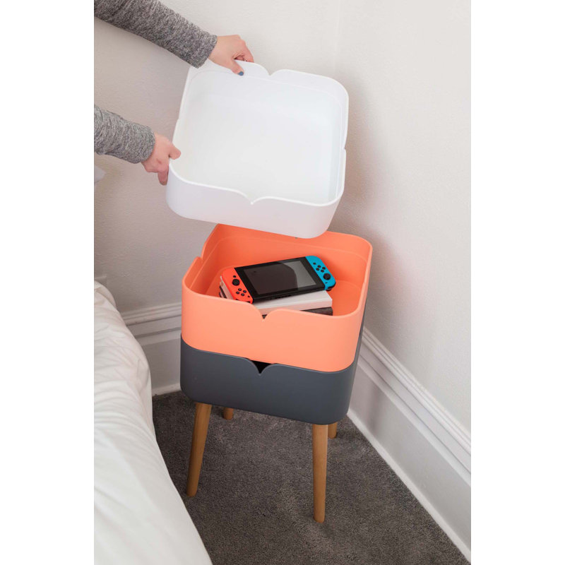 End Table With 3 Square Stacking Storage Bins, Natural Wool Legs