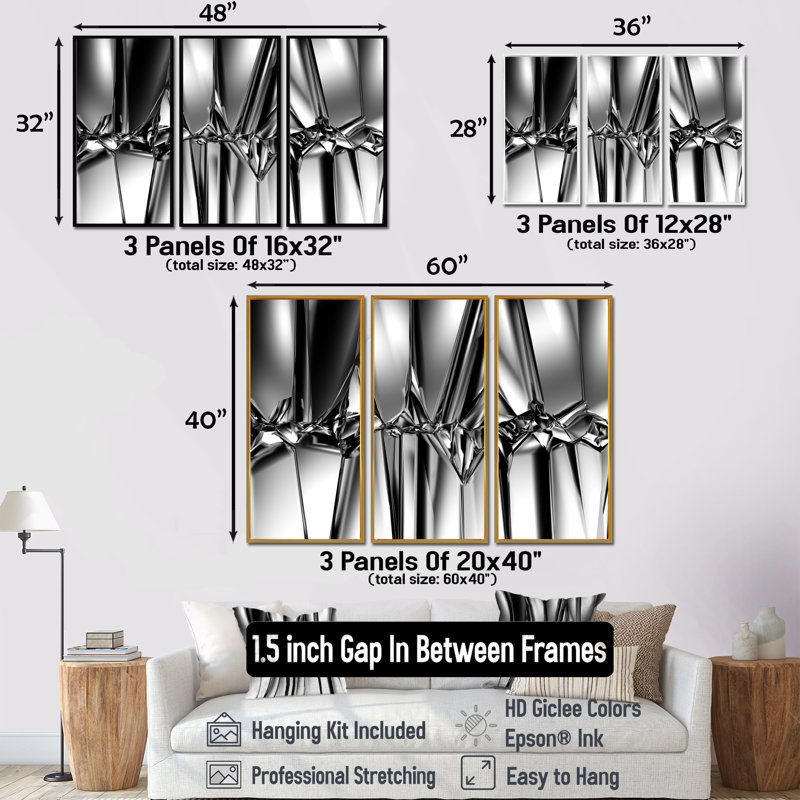 Ensemble de 3 reproductions d'art sur toile abstraites encadrées, Argent argent, H 40 po x l 60 po