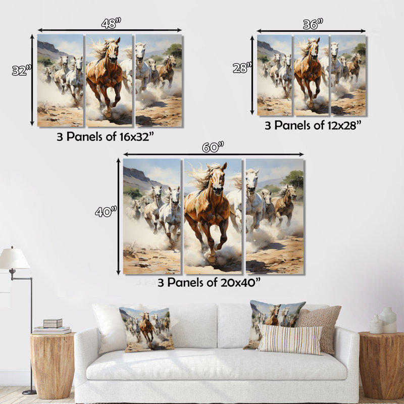 «Cowboy Wild Mustangs Cowboys on Canvas», reproduction de 3 pièces, H 28 po x l 36 po x P 1 po