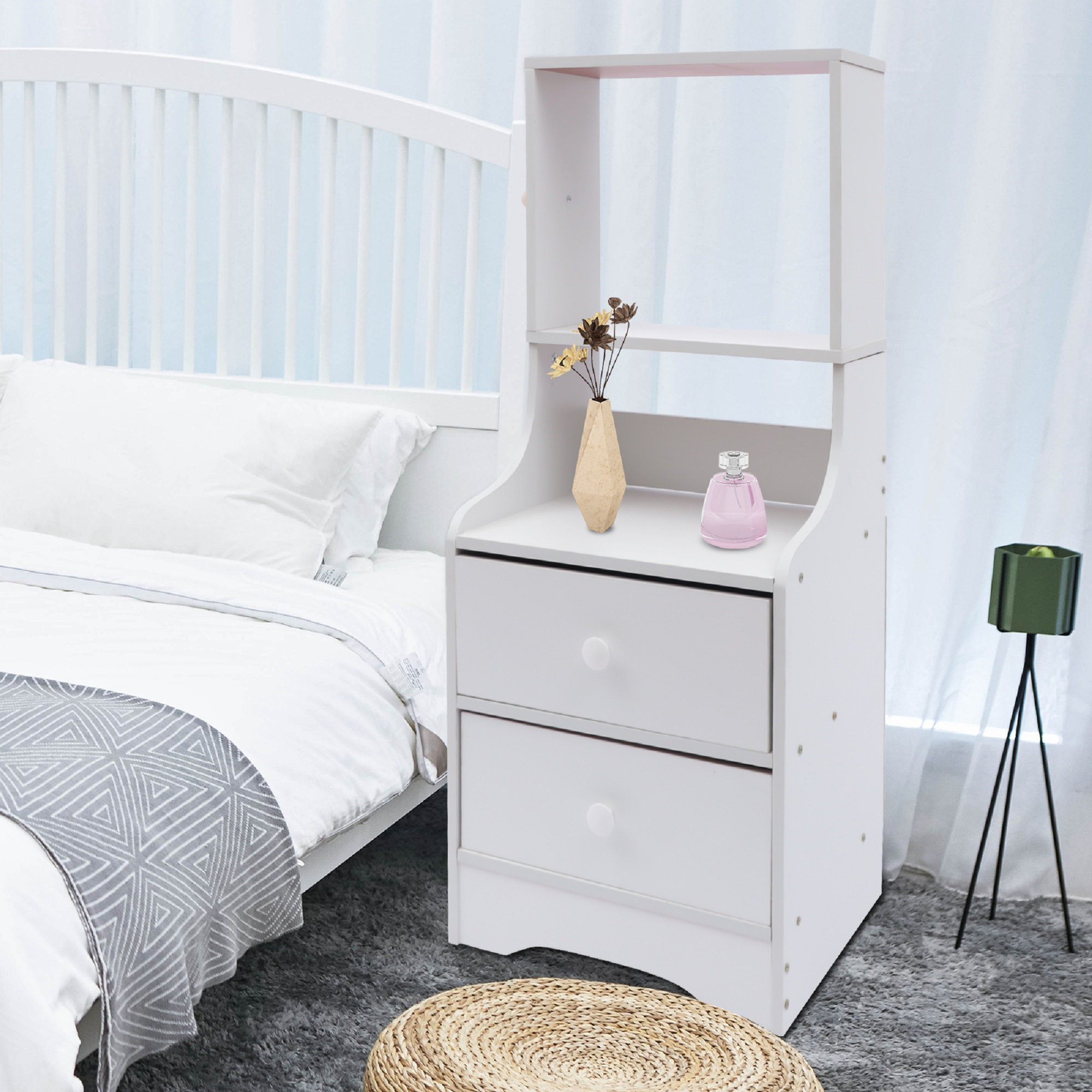 Brackett Plug-In Wood End Table with Storage Shelf 2 Drawers Nightstand Side Table Cabinet Bedside Furniture Wade Logan Color: White