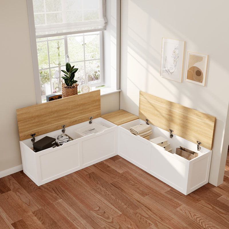 160cm L-Shaped Corner Storage Bench, 4 Flip-Top Compartments, 240kg, White/Oak