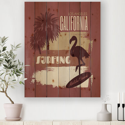 «California Surfing Silhouette Of Flamingo on Surfboard», impression d'art graphique sur bois sans cadre