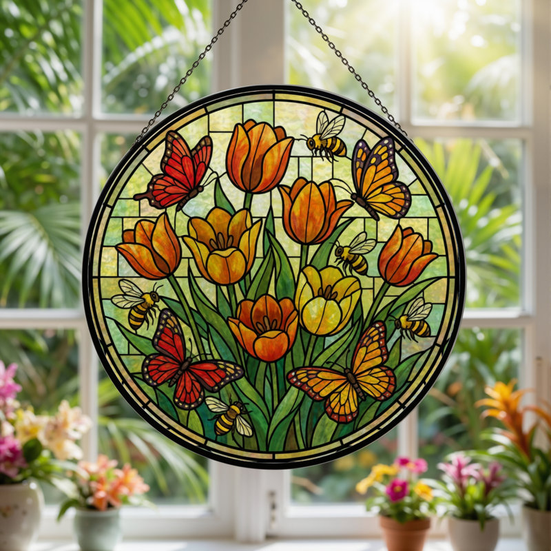 Panneau de vitrail 12 "H Tulip Butterfly, H 12 po x l 12 po