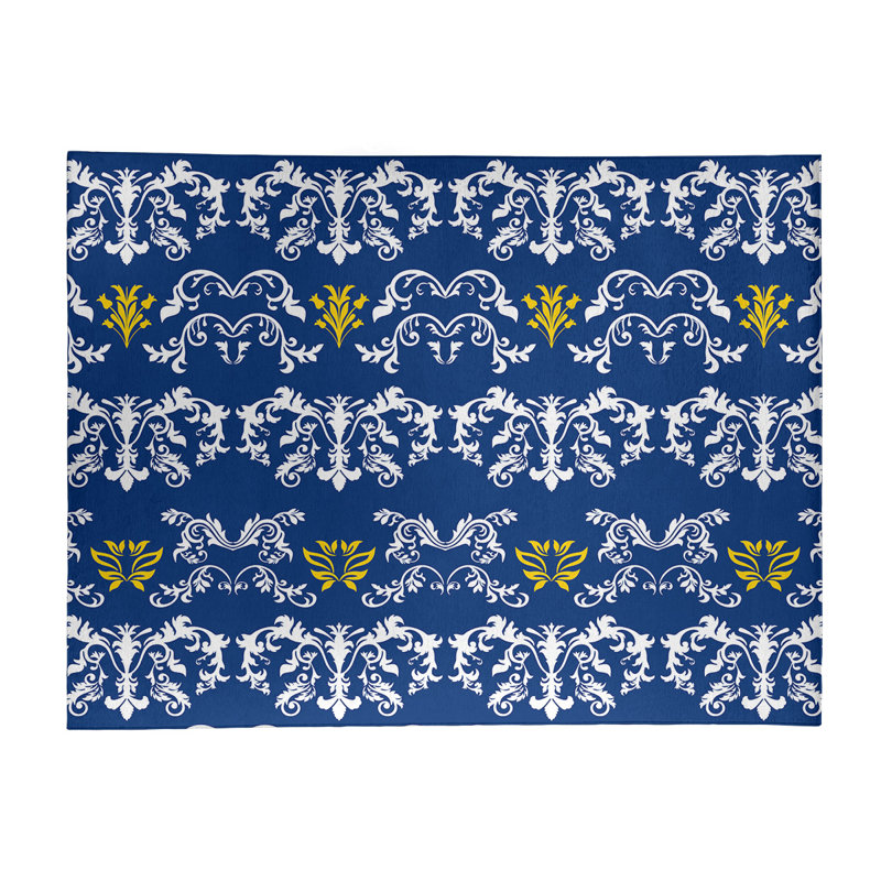 Tapis bleu marine / blanc Damask, Rectangle 9 pi x 12 pi