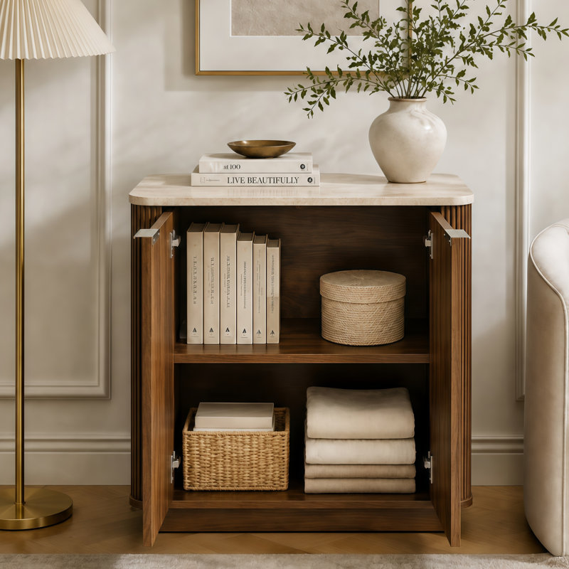 Walnut/Natural Fluted Sideboard 80cm with Travertine-Style Top & Metal Handles, Walnut
