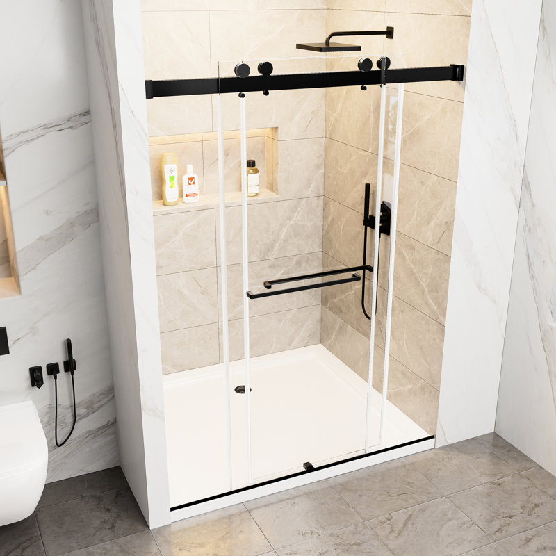 78" H 60" W Double Sliding Matte Black Shower Screen, 3/8"  10Mm  Clear Tempered Glass With - Proof Film, Stainless Steel Handles, Waterproof Coating, Easy Assembly Soft Close Door, 10Mm Shatter