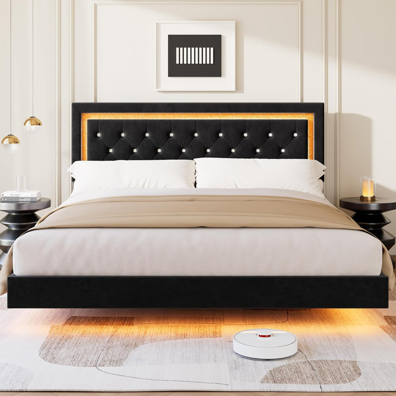 Cadre de lit flottant pour très grand lit avec lumières DEL intelligentes, lit plateforme tapissier avec tête de lit Diamond