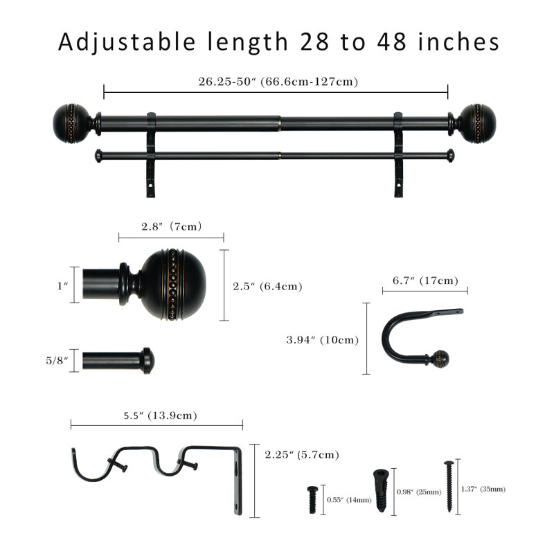 Tringle à rideaux double Camilah, Noir mat, 28" - 48"