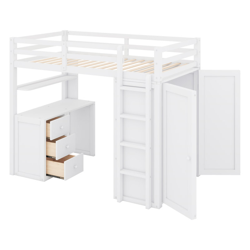 Lit mezzanine avec tiroirs, bureau et garde-robe, Blanc