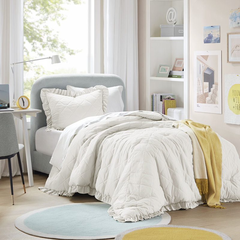 Phoebe Diamond Quilted Ruffle Edge Comforter Set, Ivory, Twin / Twin XL Comforter +1 Standard Sham