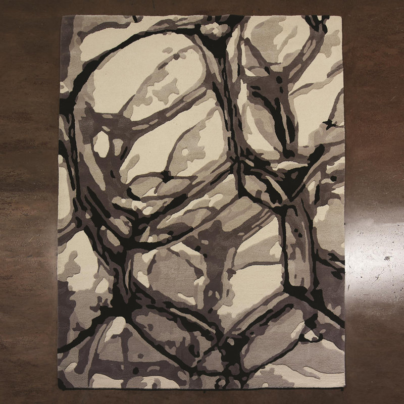 Abstract Watercolor Hand-Tufted Black Wool 8' x 10' Rug
