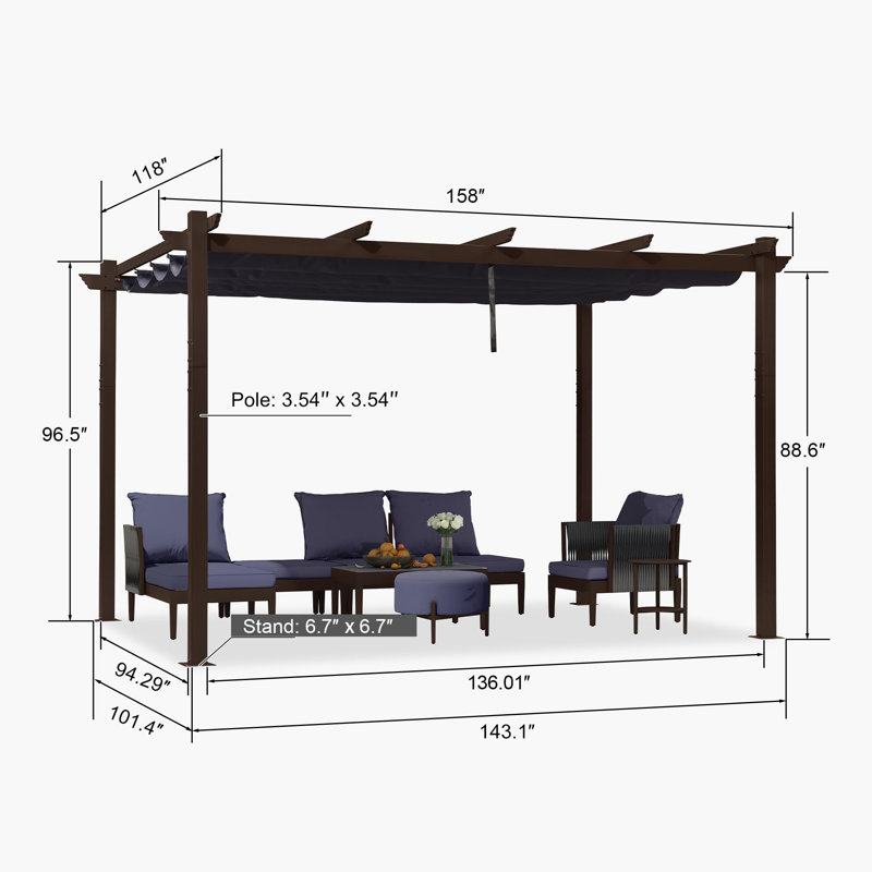 Purple Leaf Aluminium Pergola With Canopy, Navy Blue, 96"H x 158" W x 118" D
