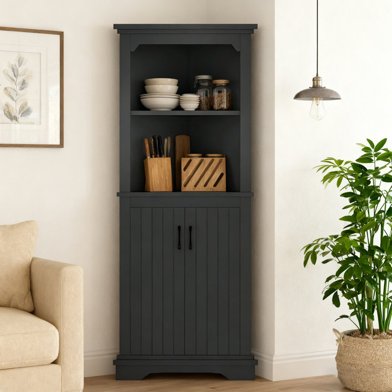 Grande armoire d'angle de style campagnard avec portes, Noir, H 69,4 po x l 28,3 po x P 20,9 po