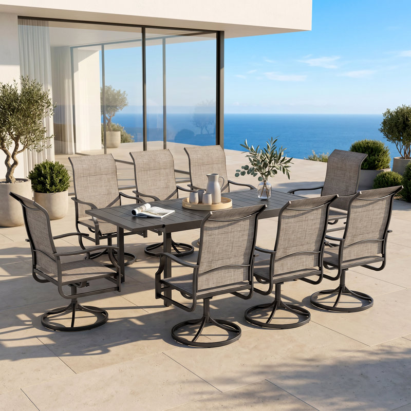 Rectangle Outdoor Patio Dining Set Expandable Heavy Duty Metal Table With Sling Chairs, 8