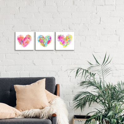 Messy Watercolor Heart Triptych by Stephanie Corfee - 3 Piece Wrapped Canvas Panoramic Painting