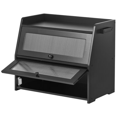 Bamboo Wood Bread Box for Kitchen Counter, Black Storage Container for Homemade Bread, Under Cabinet or Pantry Use, Double-Layer Design with Acrylic Door and Ventilation Features