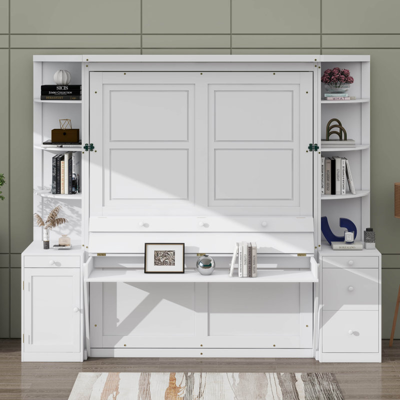 Grand lit escamotable avec bureau intégré, unités de rangement et armoires, Blanc