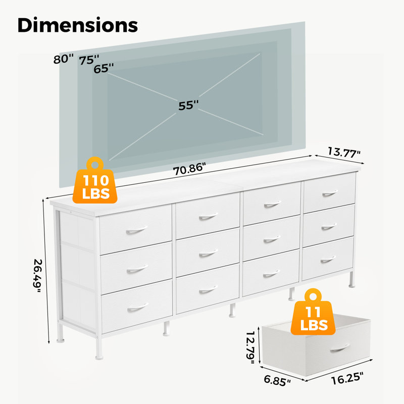 12-Drawer Dresser Chest of Drawers, Large Storage Dresser Cabinet/ TV Stand for 65-80" TV, White