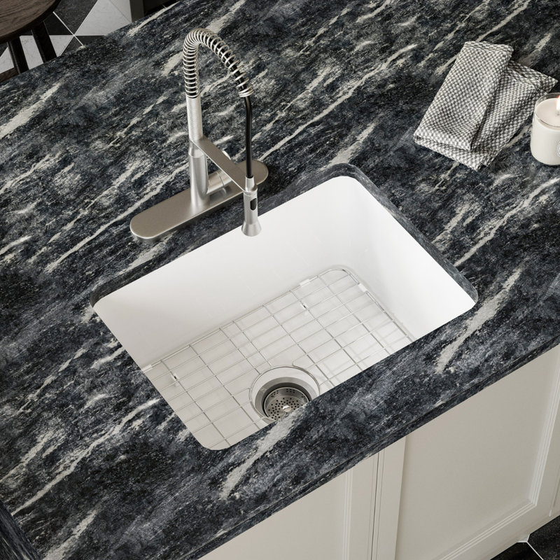 Los Flexi White Undermount Kitchen Sink, Rectangular Single Bowl, Standard Kit, 24'' L x 19'' W x 10″ H