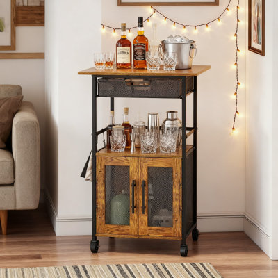 3-Tier Rolling Kitchen Cart With Lockable Casters, 2-Door Cabinet & Pull-Out Wire Basket Drawer, Mobile Storage Cart For Coffee Bar, Microwave, Dining