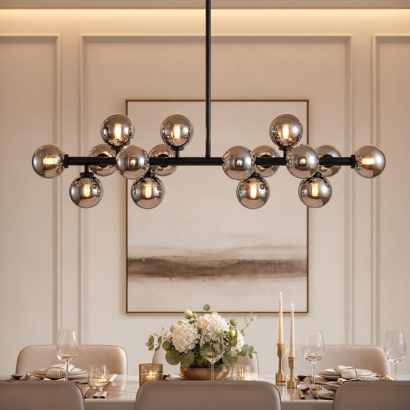 16-Light Mid Century Modern Chandelier: 40" Black Linear Sputnik Chandeliers – Smoky Gray Glass Globe Dining Room Light Fixture – Long Modern Pendant Chandelier for Living Room Kitchen Island Table