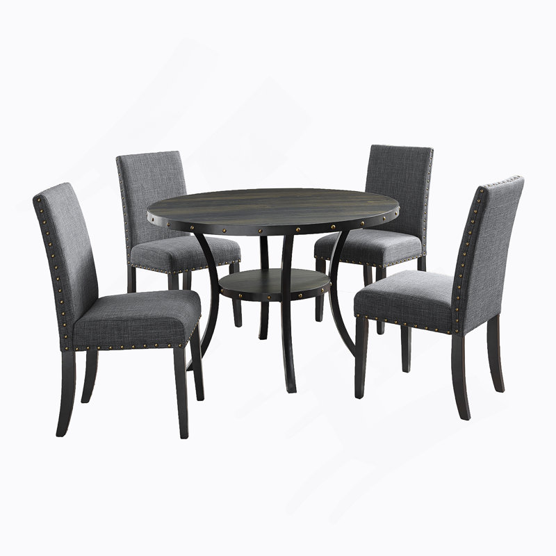 Ensemble de salle à manger en bois espresso avec chaises cloutées en tissu gris