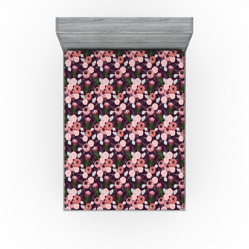 Drap-housse Ambesonne, Drap-housse de taille double, Fuchsia foncé, rosé / floral