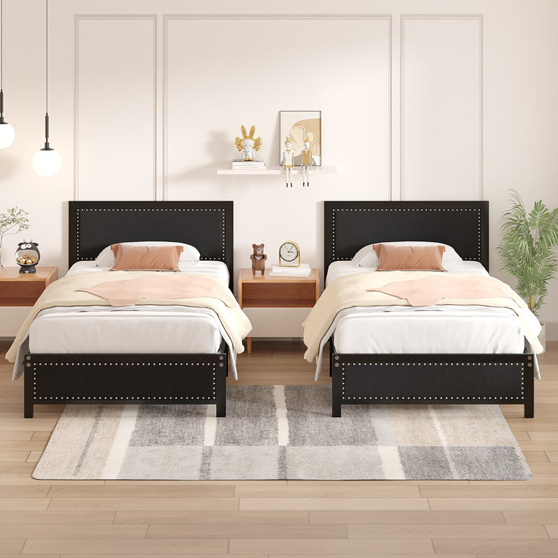 Belah Twin Size Bed Frames with Linen Upholstered Headboards and Nailhead Trim, Heavy-Duty Metal, Black