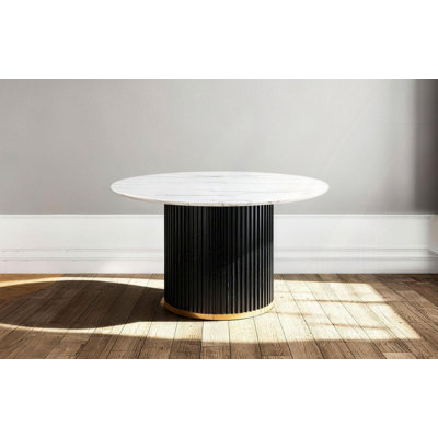 Ensemble de table de salle à manger moderne 46 po pour 4 personnes, plateau en faux marbre avec base en métal Wave et accents dorés, parfait pour la petite cuisine et la salle à manger