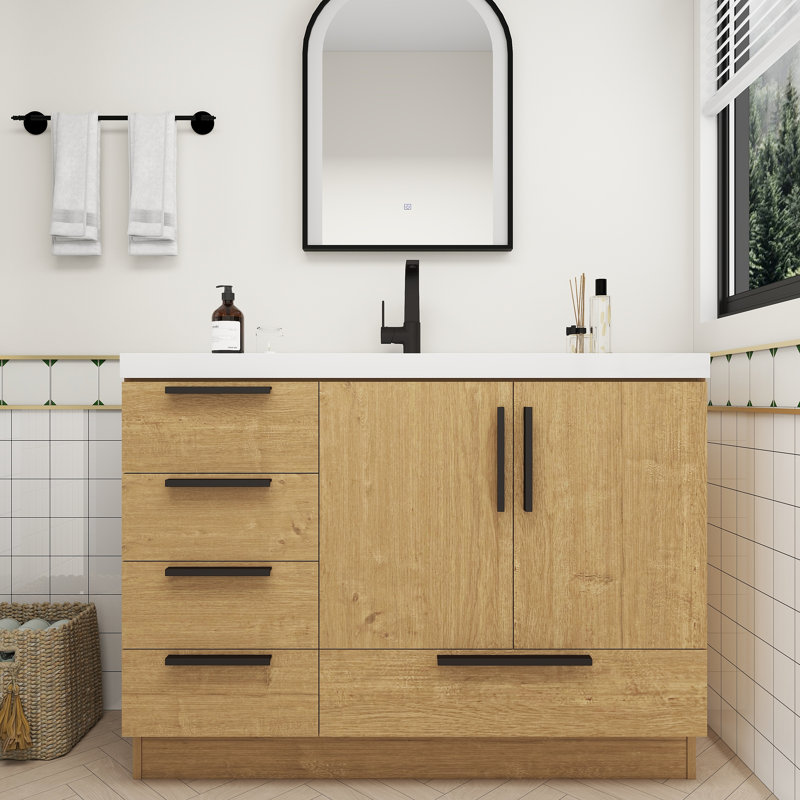Meuble-lavabo autoportant avec tiroirs latéraux Carla, 47", Chêne naturel