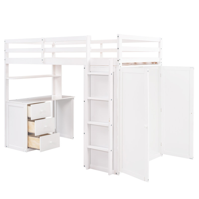 Lit mezzanine avec tiroirs, bureau et garde-robe, Simple, Blanc