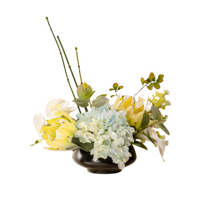 Artificial Mixed Flower Arrangement, Faux White Phalaenopsis Orchid Hydrangea Protea Greenery Floral Centerpiece with Black Round Vase, Tabletop Decor for Living Room, Office, Entryway