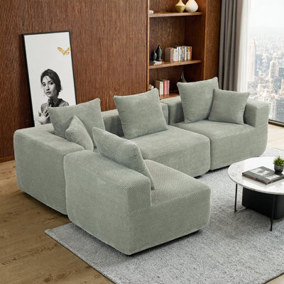 Light Green Modular Sectional Sofa: Reconfigurable 4-Seat L-Shape with Plush Foam & 6 Pillows