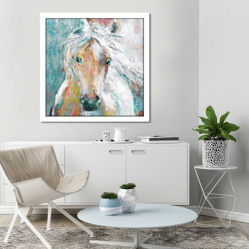 «Playful Pony» par Carol Robinson - Peinture, Cadre blanc, H 25,5 po x l 25,5 po x P 1 po
